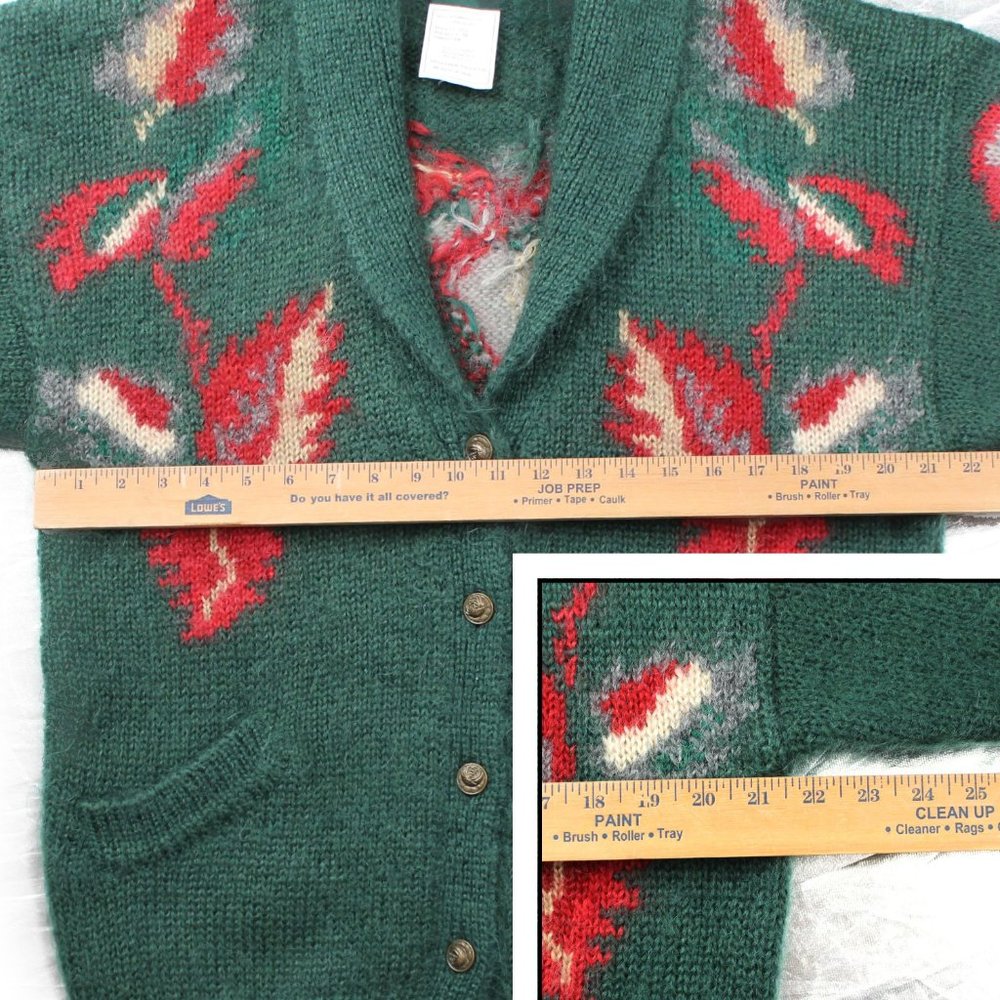 Vintage 90s Mohair Cardigan Sweater Shawl Collar Ribbed Knit Green Leafs Pockets - Picture 9 of 12